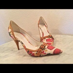 CASADEI Multicolor Canvas Brown Leather Trim Buckle Accent Heels Wm 5.5 B ITALY